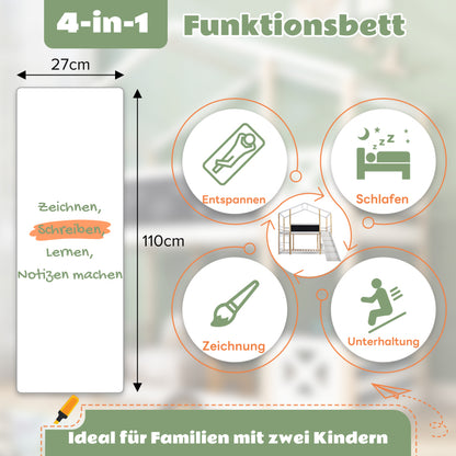 Kinderbett Baumhaus mit Rutsche & Leiter 90 x 200 cm, Hochbett für Kinder– 2x Lattenrost- Natur & Weiß