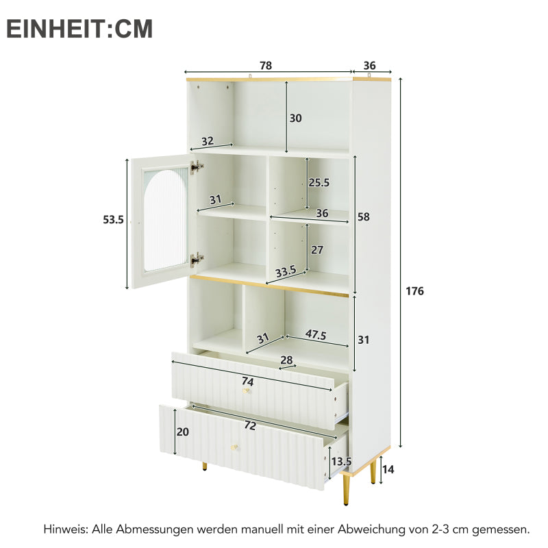 Weißes Bücherregal mit LED-beleuchteten Vitrinen, Glasfronten, 5 offenen Fächern und 2 Schubladen