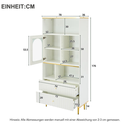 Weißes Bücherregal mit LED-beleuchteten Vitrinen, Glasfronten, 5 offenen Fächern und 2 Schubladen