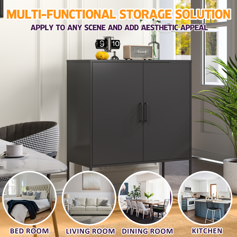 Metall-Sideboard,Lagerschrank– 2 Regale, freistehender Stahlschrank, Magnettüren, Anti-Kipp-Sicherung, Wohnzimmer, Küche, Büro, Schwarz, H 109 cm × B 85 cm × T 40 cm