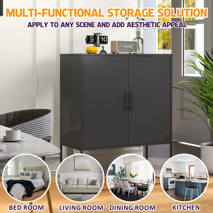 Metall-Sideboard,Lagerschrank– 2 Regale, freistehender Stahlschrank, Magnettüren, Anti-Kipp-Sicherung, Wohnzimmer, Küche, Büro, Schwarz, H 109 cm × B 85 cm × T 40 cm
