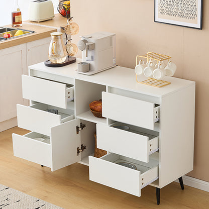 Modernes weißes Sideboard mit LED-Beleuchtung, 6 geräuschlosen Schubladen, Push-Open-Türen, Hochglanzlackierung, mattschwarzen Metallbeinen, 120x40x80 cm – ideal für Küchen, Ess- und Wohnbereiche