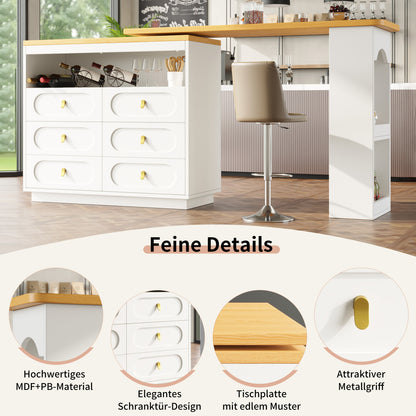 Bartisch ausziehbar 138-203cm, 360° drehbarer Stehtisch mit 6 Schubladen & Snack-Regal, moderner Küchentisch, Schreibtisch & Bar, Weiß