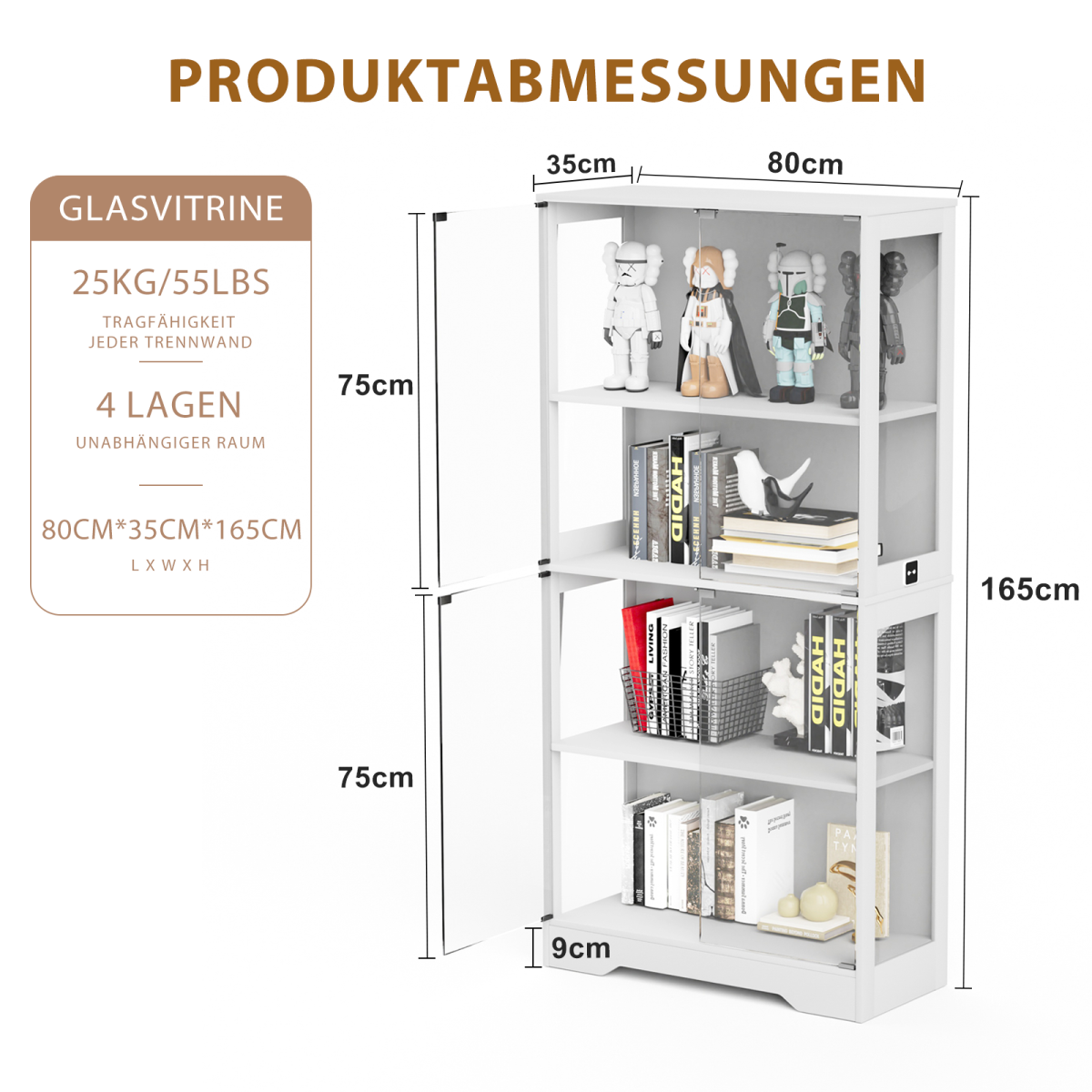 Glasvitrine Weiß 165 cm hoch, Vitrinenschrank mit LED (3 Farben) & Bewegungssensor, 4 verstellbare Böden