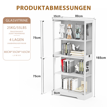 Glasvitrine Weiß 165 cm hoch, Vitrinenschrank mit LED (3 Farben) & Bewegungssensor, 4 verstellbare Böden