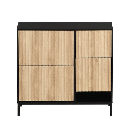 Schuhschrank mit Schuhwechselhocker, dreifach klappbarem Schuhregal und offenem Stauraum, geeignet für Flure, Schwarz + Holzfarbe