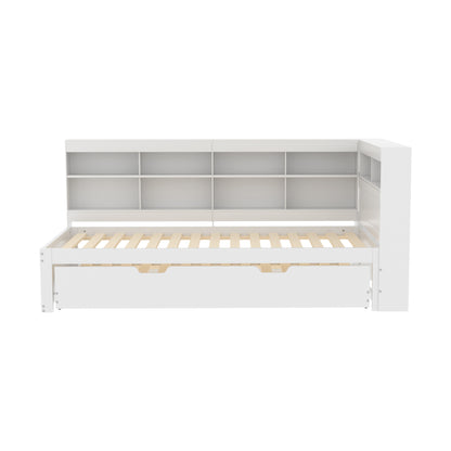 Multifunktions-Schlafsofa 90x200 & 90x190 Ausziehbar - Massivholz Weiß mit USB-Anschluss, Stauraum & Ablagefächern - Praktisches Einzelbett, Weiß