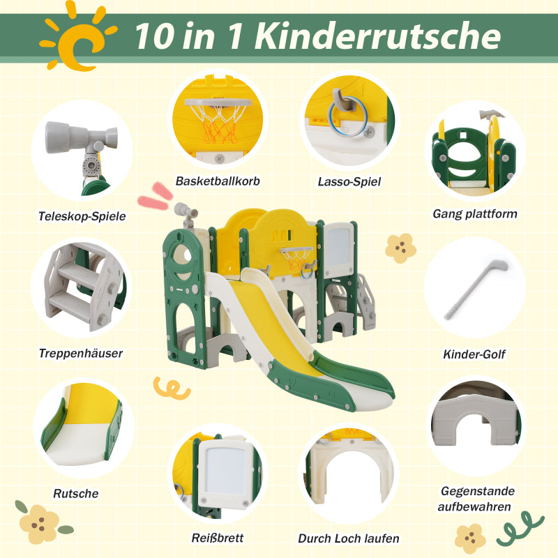 10 in 1 Kinderrutsche Kletterspielzeug, Multifunktionsrutsche Rutschen, freistehende Rutsche, Klettern, Bohrspiel, Stauraum, Spielkorridor, Basketballkorb, Lasso-Spiel, Reißbrett, Golfspiel, Teleskop