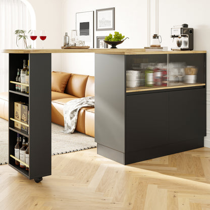 Kücheninsel mit 360° Rotation, Barschrank mit Glasschiebetür & Stauraum, Weiß & Holzoptik, multifunktionaler Küchentisch & Sideboard