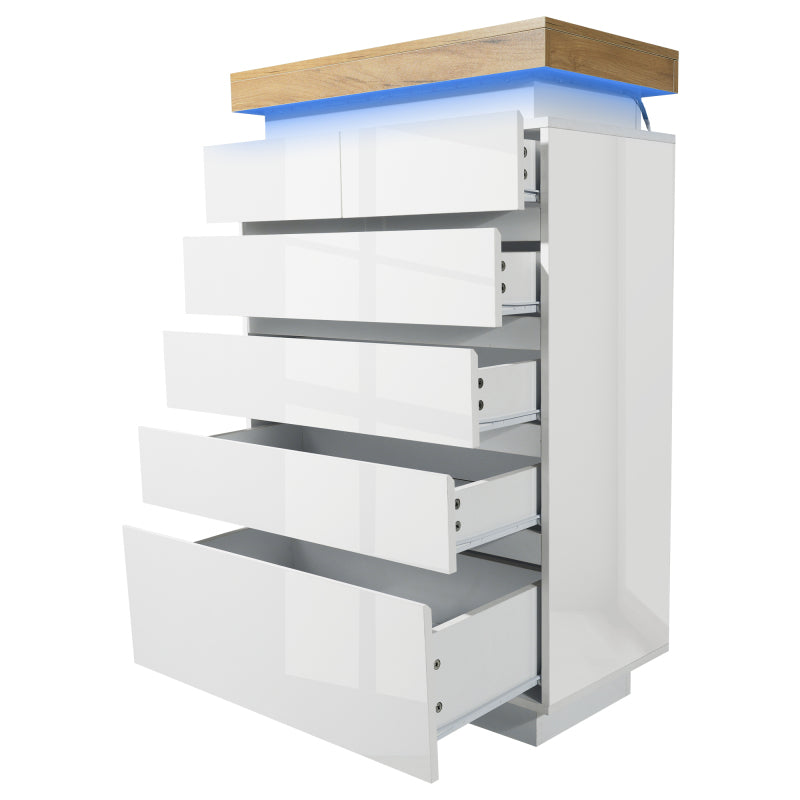 Kommode, Hochglanz Sideboard mit 6 Schubladen, LED Beleuchtung (App Control), Mehrzweckschrank für Wohnzimmer und Schlafzimmer, 115 x 73 x 39 cm, Weiß