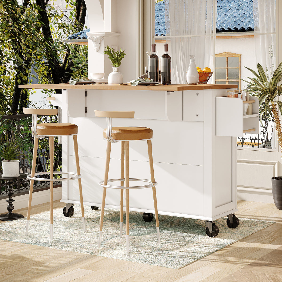 Kücheninsel mit Rollen & Glastüren, klappbare Arbeitsplatte, mobiler Servierwagen mit Schublade & Regal, Küchenwagen Weiß & Holzoptik