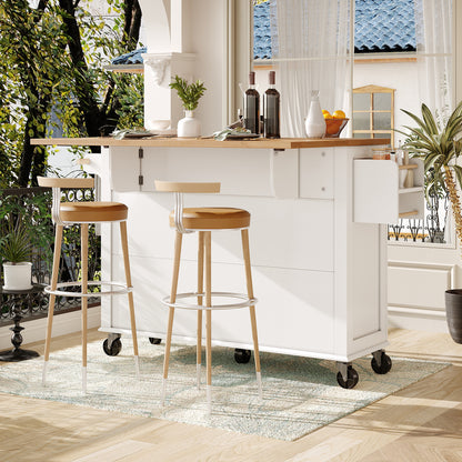 Kücheninsel mit Rollen & Glastüren, klappbare Arbeitsplatte, mobiler Servierwagen mit Schublade & Regal, Küchenwagen Weiß & Holzoptik