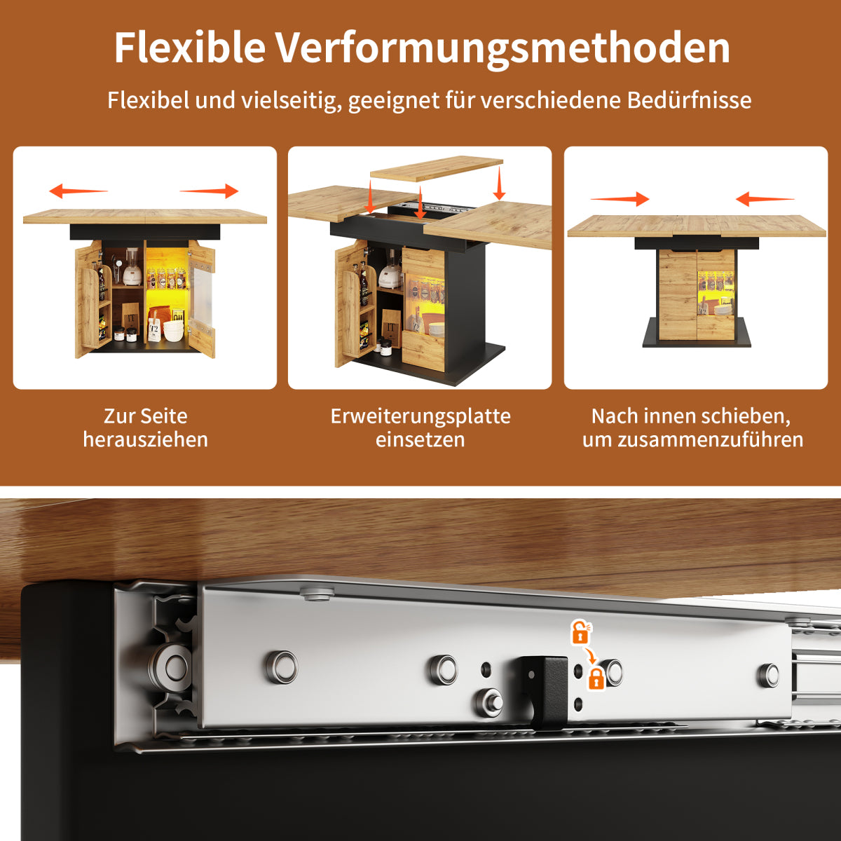 Ausziehbarer Esstisch 110-140x80cm mit LED-App-Steuerung & USB, Küchentisch Schwarz/Natur mit Glas-Schranktüren & Snackregal
