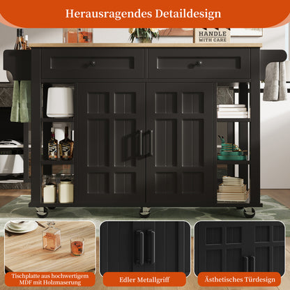 Kücheninsel mit herausnehmbaren Trennwänden, Esszimmerwagen mit Arbeitsplatte, Buffetschrank, Esszimmerwagen mit Holzmaserung, Handtuchhalter beidseitig mit Rollen, schwarz