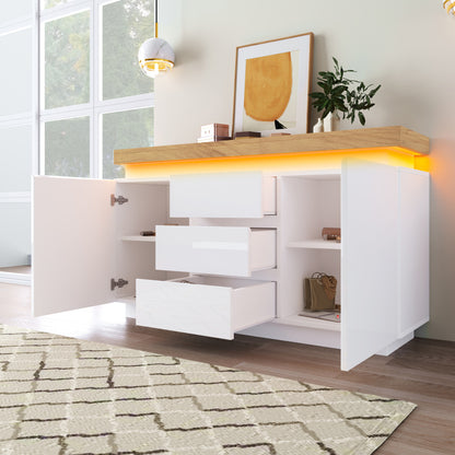 Kommode, Hochglanz Sideboard mit 2 Türen und 3 Schubladen, LED Beleuchtung (App Control), Mehrzweckschrank für Wohnzimmer und Schlafzimmer, 81 x 140 x 39 cm, Weiß