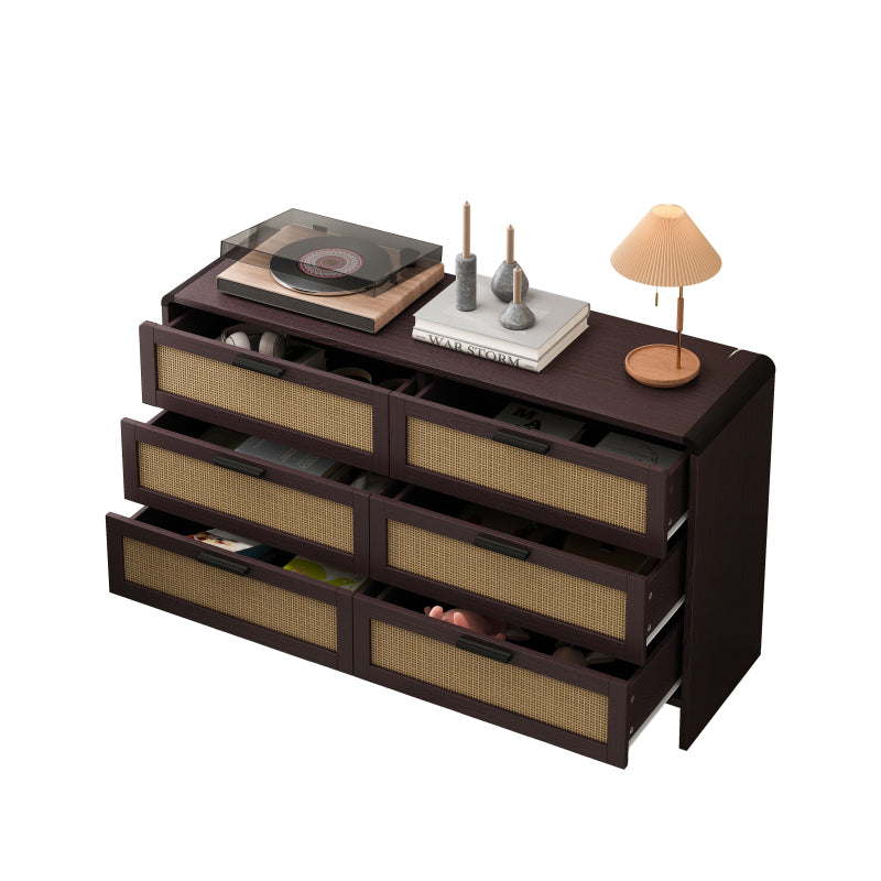 130CM Arc Shaped Corner Rattan Cabinet, 6-Drawers Rattan Storage Cabinet Rattan Drawer, for Living Room Bedroom,and Kitchen, Reddish-brown, Brown
