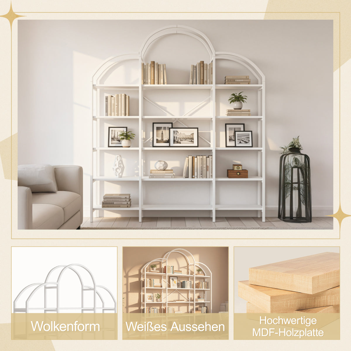 Regal 170x26x190 cm aus Stahl & MDF, 5 Ebenen Bücherregal mit Wolken-Dekor, modernes Standregal, stabil & pflegeleicht, Weiß