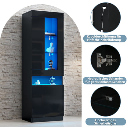 Vitrine Schwarz Hochglanz, LED-Beleuchtung, 180 cm, Glaskantenbeleuchtung