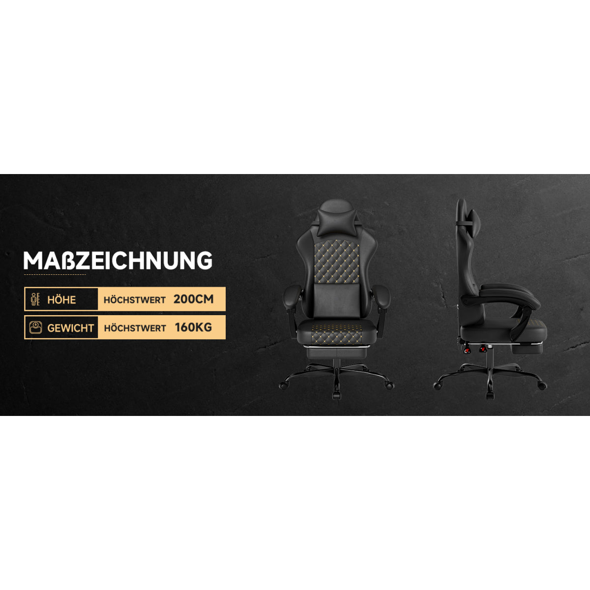 Gaming Stuhl mit Massage, Fußstütze, PVC-Leder, 150 kg Belastbar, Ergonomisch, Schwarz