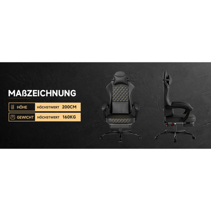 Gaming Stuhl mit Massage, Fußstütze, PVC-Leder, 150 kg Belastbar, Ergonomisch, Schwarz