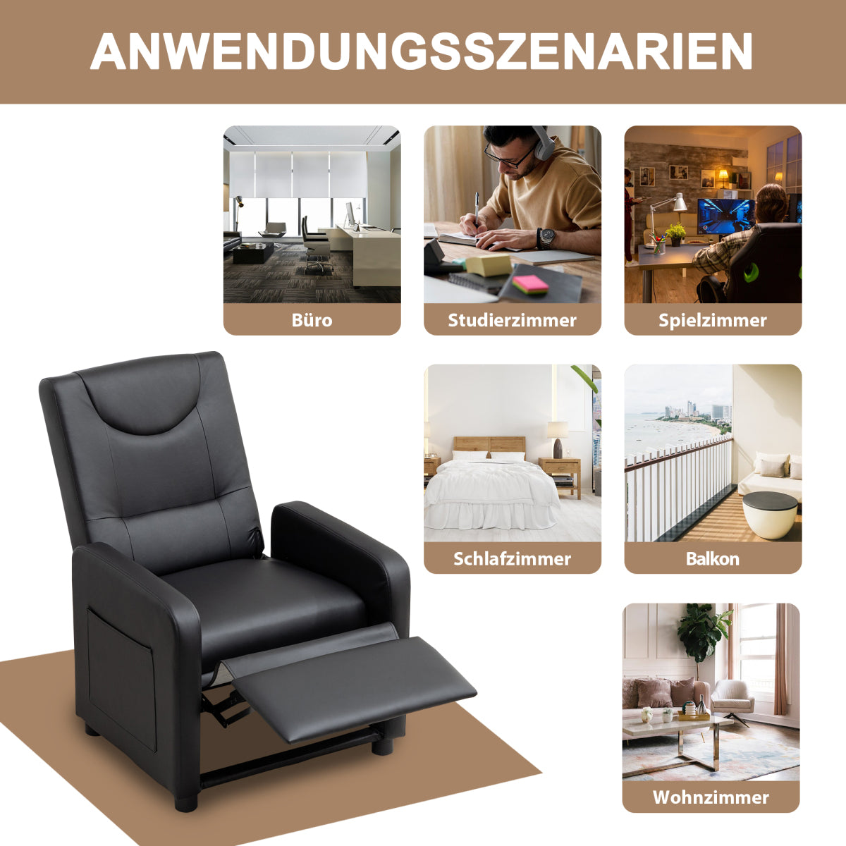 Fernsehsessel Relaxsessel Loungesofa mit Fußstütze Sessel Lehnstuhl Liegesessel Schwarz PU