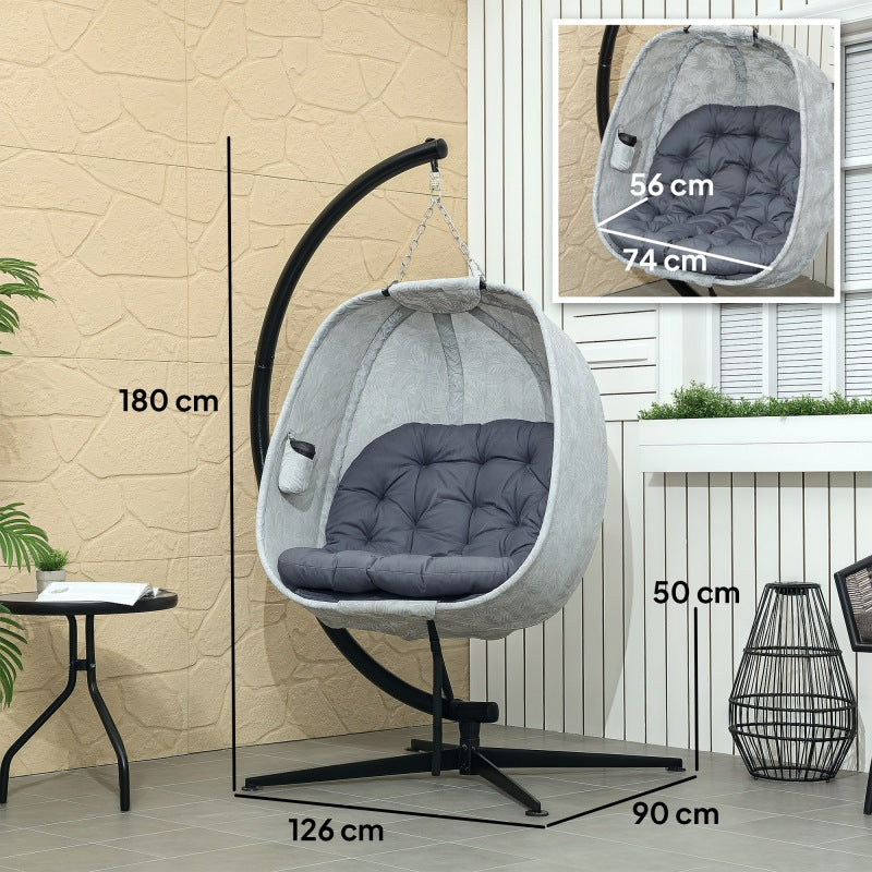 Eiförmiger Hängesessel für den Außenbereich, Faltbar Hängeschaukel mit Gestell, Sitzpolstern, Terrasse, Garten, Grau
