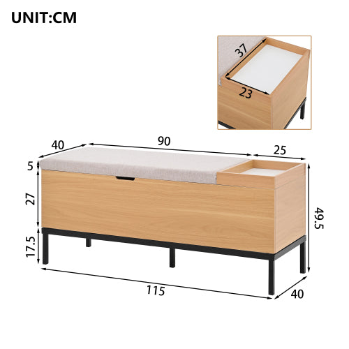 Sitzbank mit Stauraum 115 cm, Gepolsterte Truhenbank Holzoptik Natur, Stoffbezug Hellgrau, Flurbank