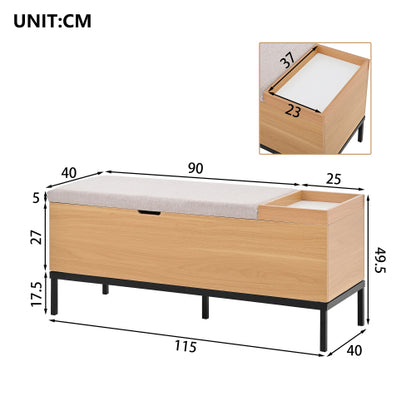 Sitzbank mit Stauraum 115 cm, Gepolsterte Truhenbank Holzoptik Natur, Stoffbezug Hellgrau, Flurbank