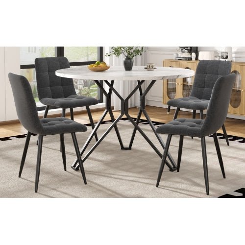 Esstisch-Set (5-teilig), Esstisch-Set mit 4 Stühlen, Modernes Küchen-Esstisch-Set, Runder Küchentisch mit Durchmesser 100 cm, Schwarze Metallbeine, MDF-Marmor-Tischplatte, Graue Samt-Esszimmerstühle