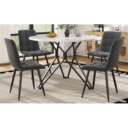Esstisch-Set (5-teilig), Esstisch-Set mit 4 Stühlen, Modernes Küchen-Esstisch-Set, Runder Küchentisch mit Durchmesser 100 cm, Schwarze Metallbeine, MDF-Marmor-Tischplatte, Graue Samt-Esszimmerstühle