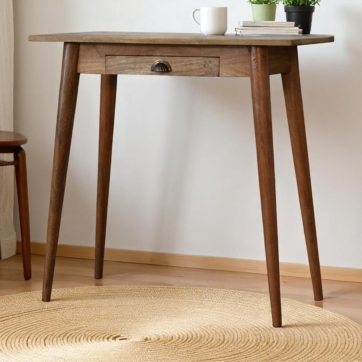 Schreibtisch aus massivem Mangoholz – Nordic Style Mini, 1 Schublade, Handgefertigt, Fertig montiert, Natur Braun, 80x35x77 cm