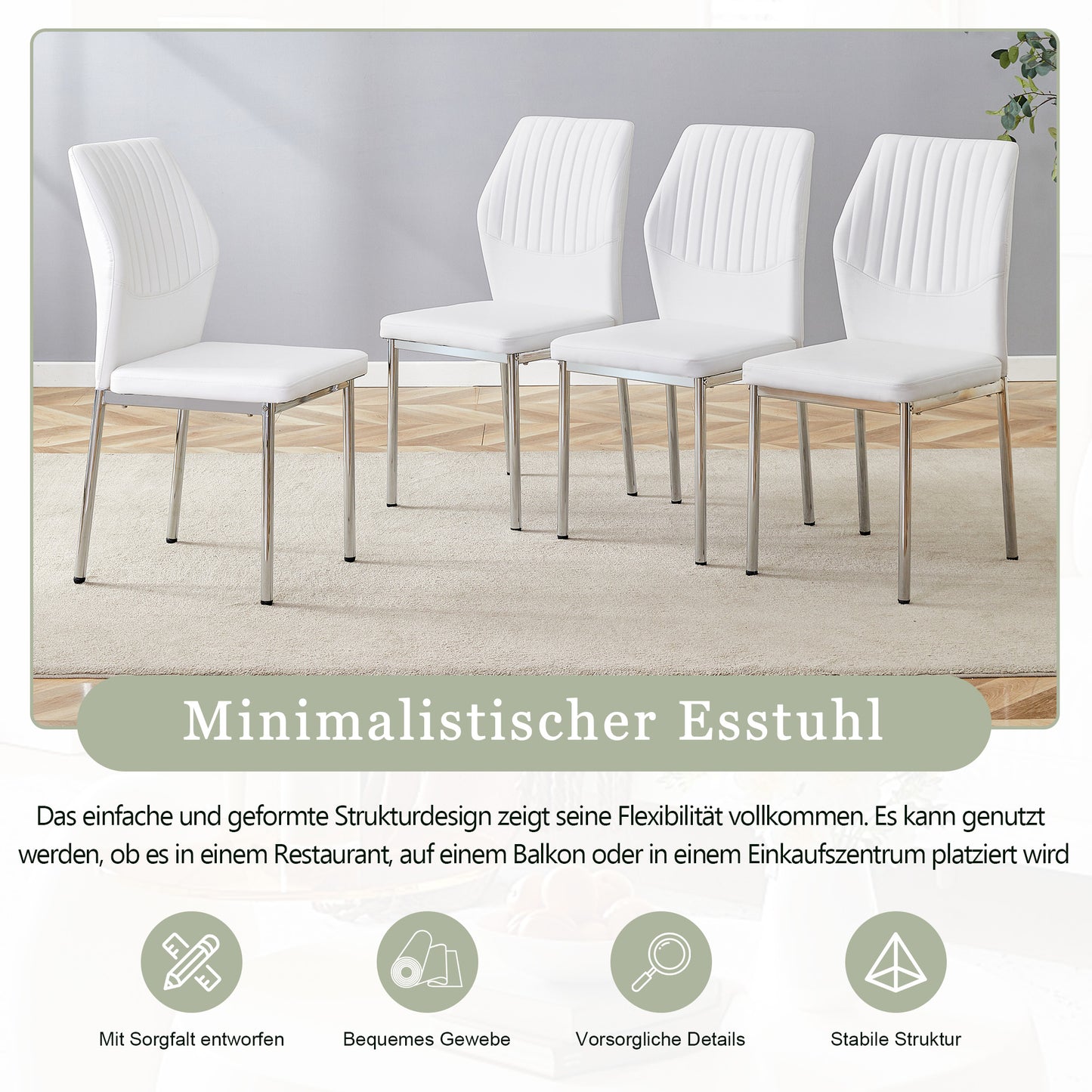 4er-Set Esszimmerstühle Weiß PU-Leder Leicht-Luxus-Stil mit senkrechter Prägung und silbernen Metallbeinen