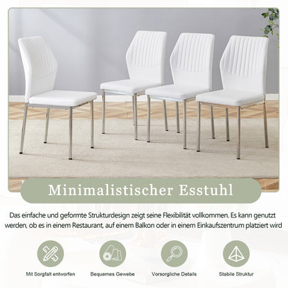 4er-Set Esszimmerstühle Weiß PU-Leder Leicht-Luxus-Stil mit senkrechter Prägung und silbernen Metallbeinen
