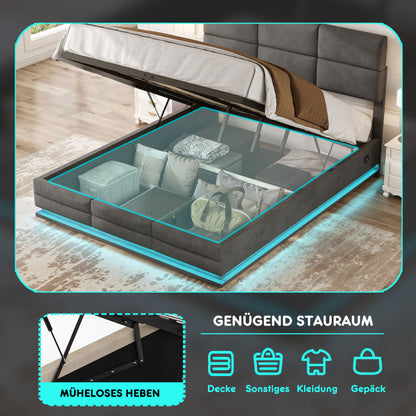 160 x 200 cm Bettgestell aus weichem Samt mit USB Type C Ladefunktion und LED Beleuchtung, Hydrauliksystem Stauraum Bettgestell aus Samtmaterial Jugendbett mit Lattenrost, Grau