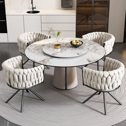 Samt-Esszimmerstuhl, 4er set, Freizeit-Drehstuhl mit vier Stützbeinen aus Metall, Beige