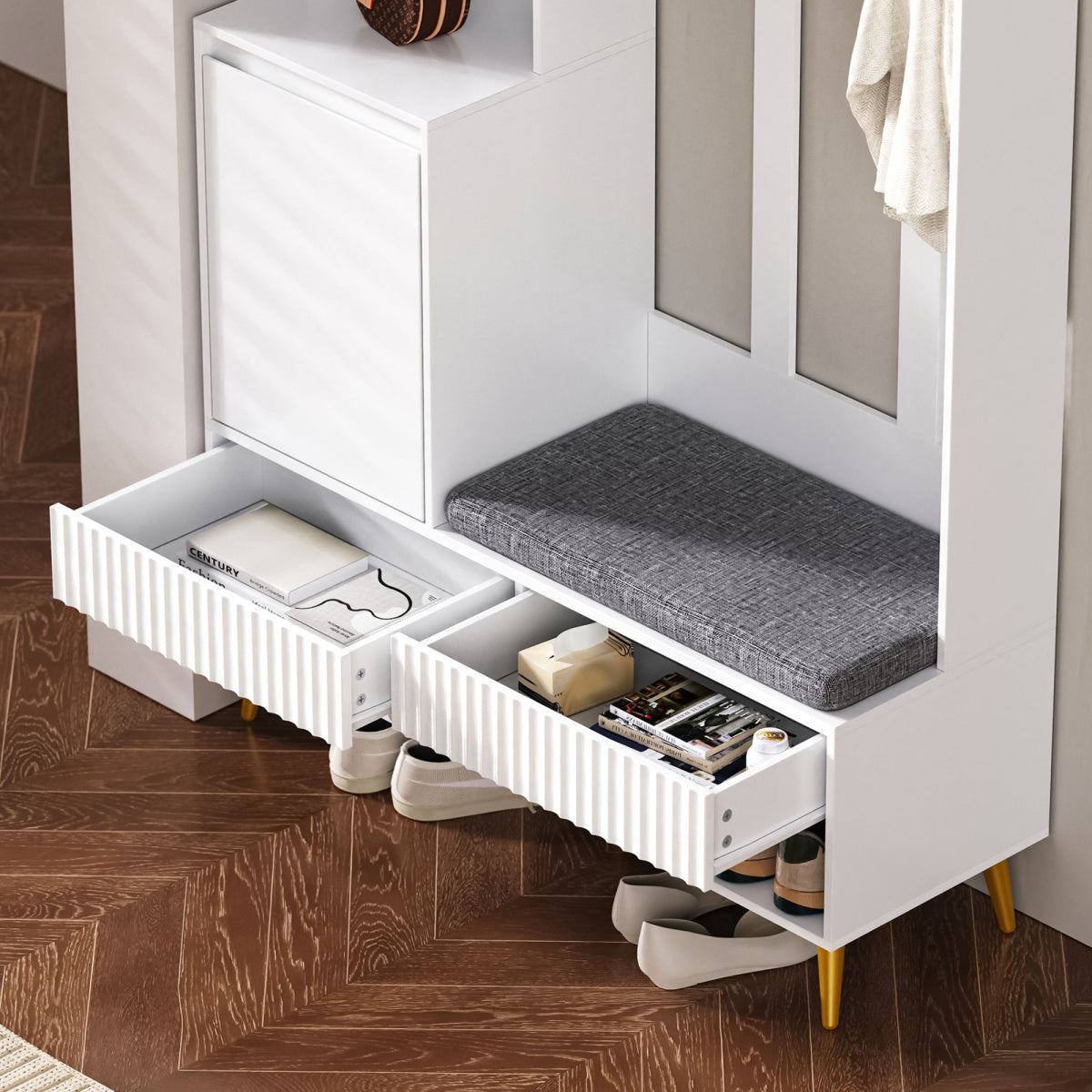Garderoben-Set mit Schuhbank, Wandgarderobe mit 4 Haken, 2 Schubladen & Schranktür, MDF, Weiß, 100×35×180 cm