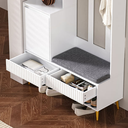 Garderoben-Set mit Schuhbank, Wandgarderobe mit 4 Haken, 2 Schubladen & Schranktür, MDF, Weiß, 100×35×180 cm