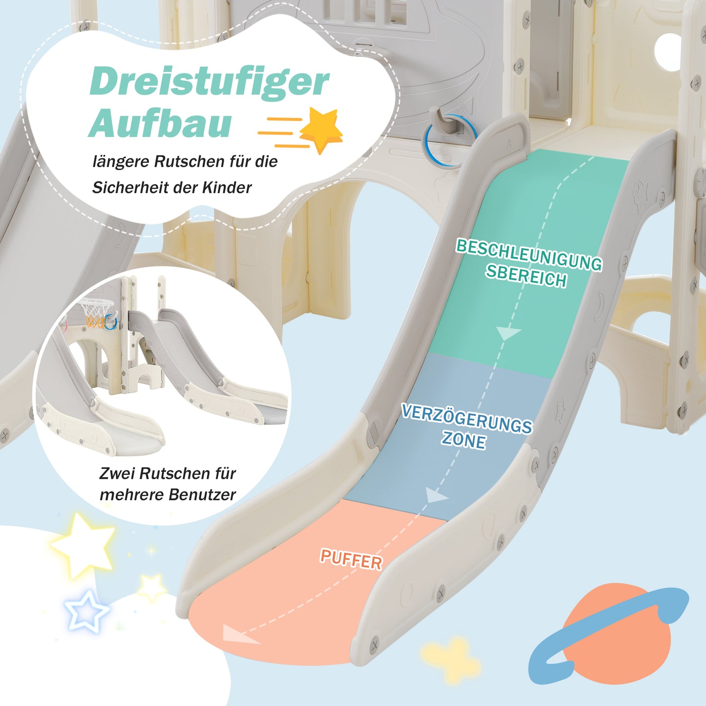 8 in 1 Kinderrutsche Kletterspielzeug, Multifunktionsrutsche mit 2 Rutschen, freistehende Rutsche, Klettern, Bohrspiel, Stauraum, Spielkorridor, Basketballkorb, Lasso-Spiel, Teleskop. Hergestellt aus