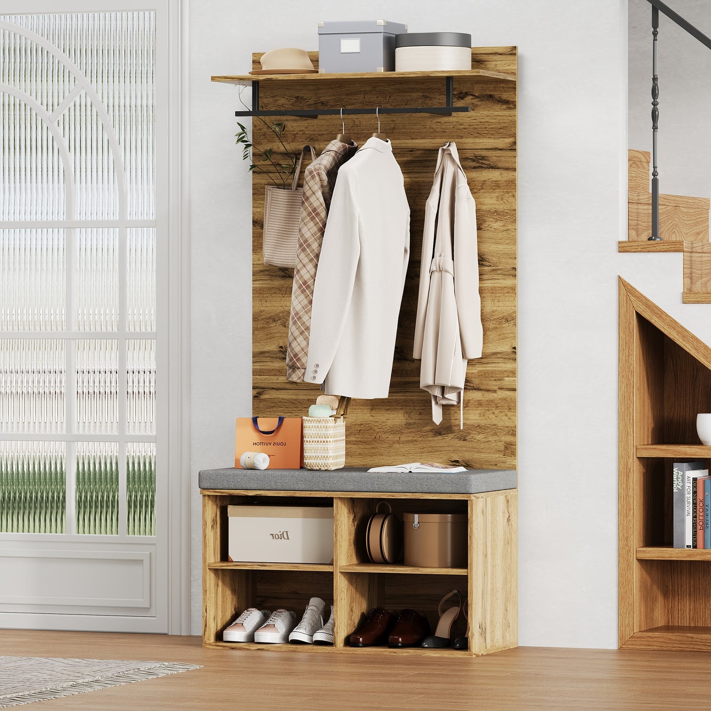 Garderobenset in Holzoptik mit Schuhbank, verstellbarem Regal, Kleiderstange und Polster, Praktische Flurmöbel