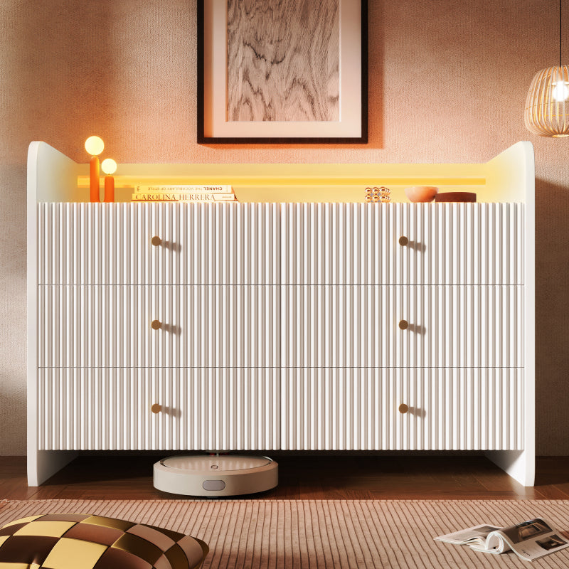 Sideboard, Kommode mit LED-Beleuchtung und 6 Schubladen, Wellenförmiges Rillendesign, Moderner Schrank für Wohnzimmer und Schlafzimmer, 120x40x75cm, Weiß