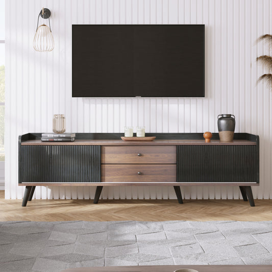 TV-Schrank mit zwei Schubladen, Fernsehtisch TV Board, TV- Lowboard niedrige Platte mit zwei Schiebetüren. Exquisite Textur. Schwarz und natürliches Holzfarbe. H58/L160/T40 cm