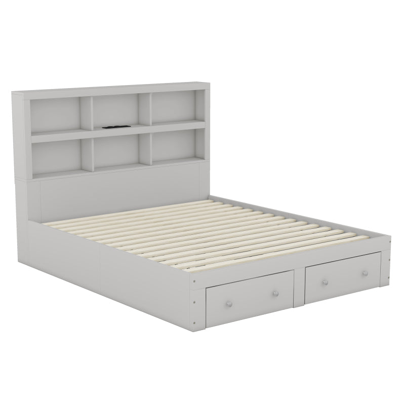 160*200cm Doppelbett, Kingsize-Plattformbett mit zwei Schubladen am Fußende des Bettes, Kopfteil mit Stauraum, Grau