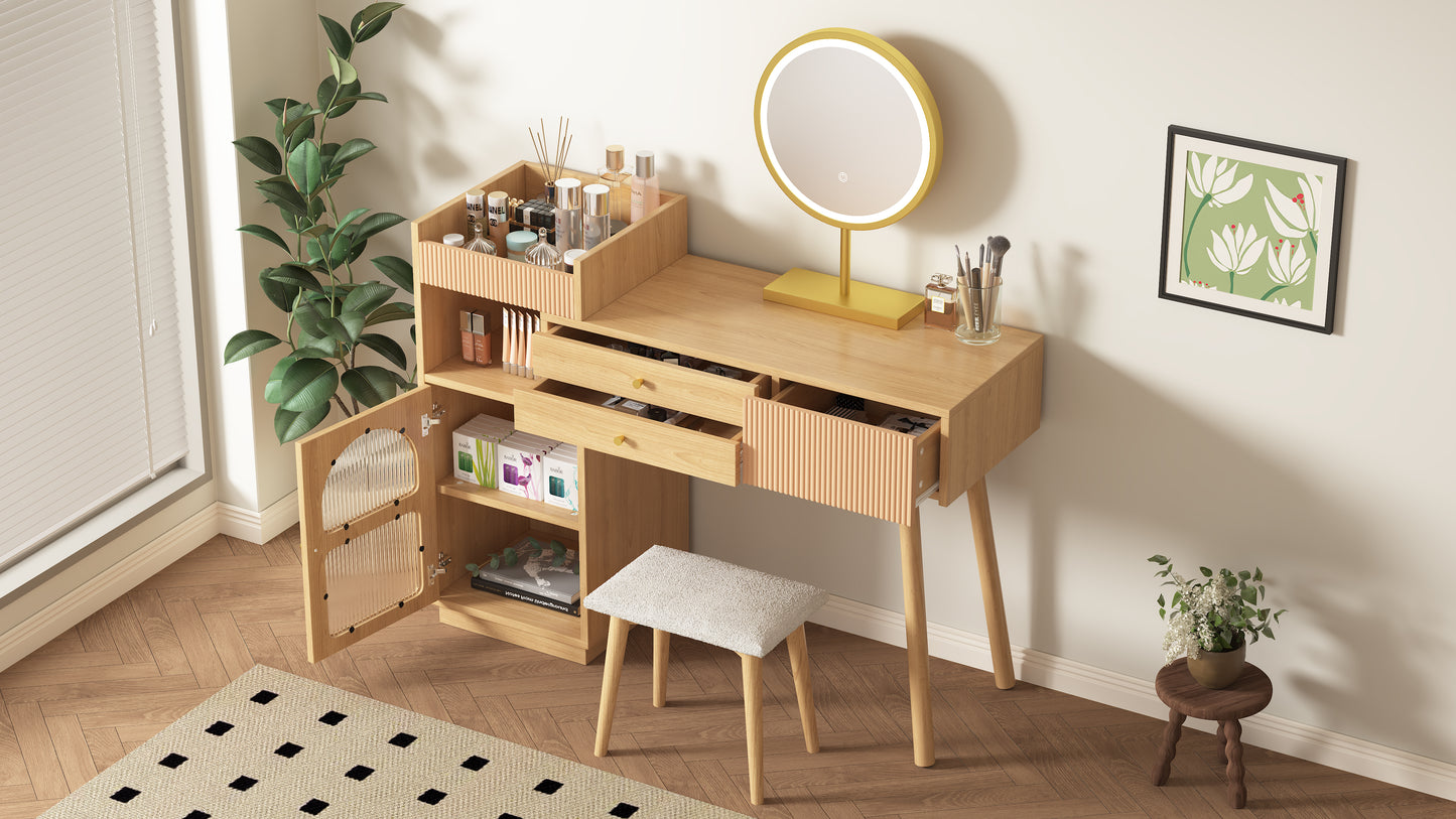 Schminktisch-Set, Kosmetiktisch mit LED-Spiegel und 3-Farbiger Beleuchtung, Schminktisch aus Holz für Schlafzimmerstudio - Maße: B120/H90/T40 cm(ohne Hocker) (Old sku: RN3198724AAA)