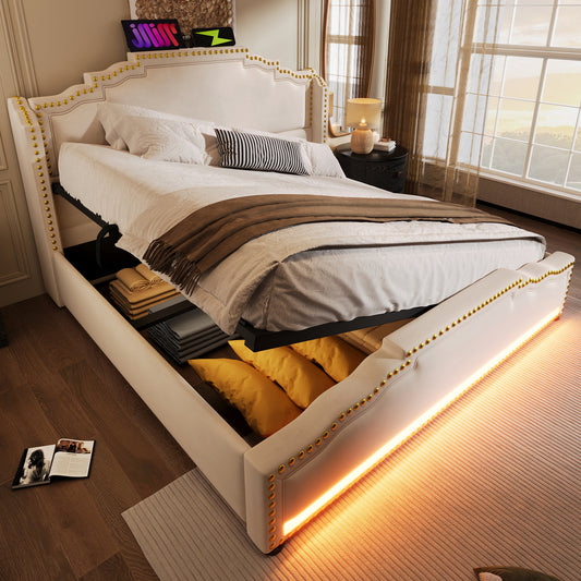 Polsterbett 160x200, Doppelbett mit hydraulischem Stauraum, LED-Beleuchtung und USB-C-Ladeanschluss, Stauraumbett und Jugendbett mit Lattenrost, Samt, Beige, ohne Matratze