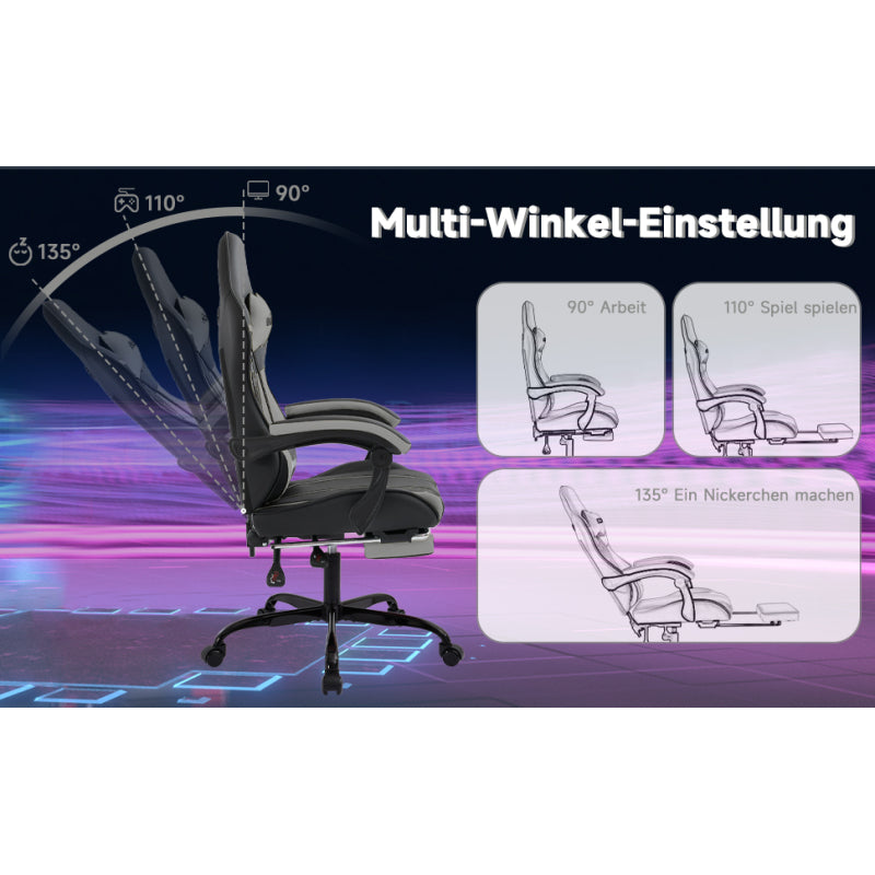 Gaming Stuhl Computerstuhl Ergonomischer Gaming Chair mit Fußstütze Bürostuhl Ergonomischer Computerstuhl mit Lendenwirbelstütze BlackGrey