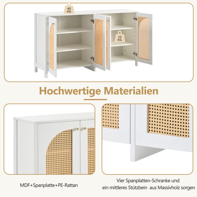 Modernes Sideboard im minimalistischen Stil 4-Rattantür, Metallgriff einfaches Buffetschrank für Esszimmer, Wohnzimmer, Küche (weiß)