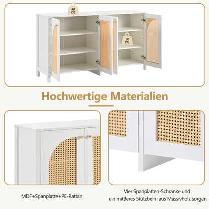Modernes Sideboard im minimalistischen Stil 4-Rattantür, Metallgriff einfaches Buffetschrank für Esszimmer, Wohnzimmer, Küche (weiß)