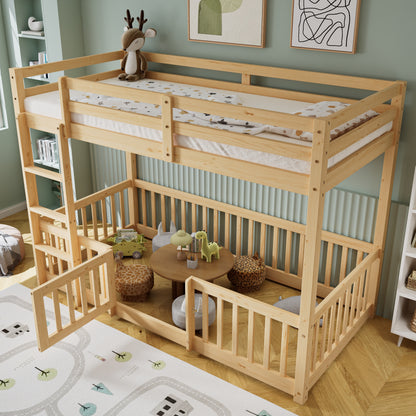 Etagenbett mit rechtwinkliger Treppe, Bett mit Zäune und Türchen, Kinderbett mit Fallschutz und Gitter, Massivholz, natur (200x90cm)