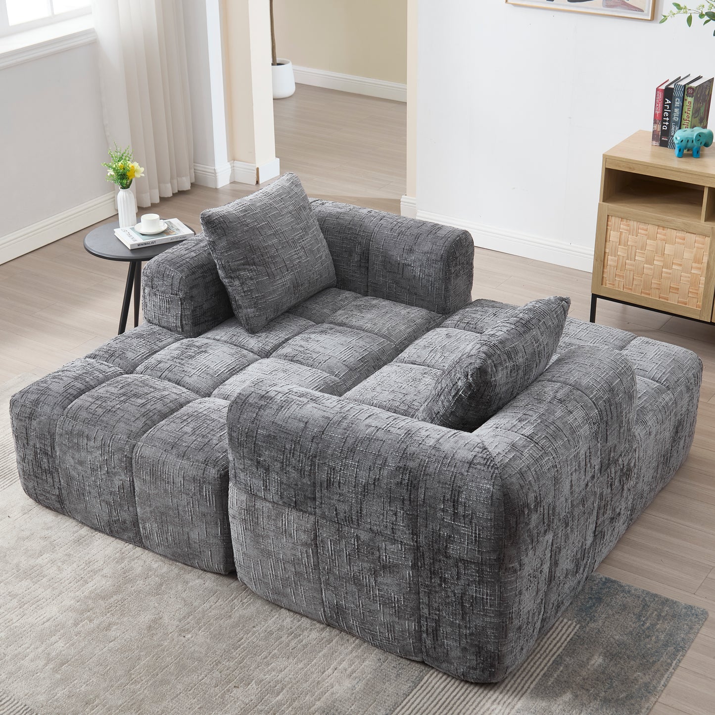 Modernes Sektionssofa, L-Sofa, 3-Sitzer-Sofa, keine Installation erforderlich, Chenille-Sofa mit Chaiselongue und Armlehnen, 3 Kissen, Seitentasche für Fernbedienung, Grau
