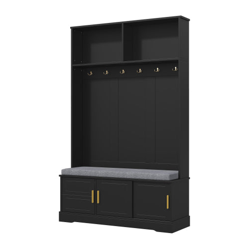 Garderobenständer mit  Schuhbank, Garderobe,  6 Dreifach-Haken,freistehend, platzsparend, für Eingangsbereich,Flur, Schwarz